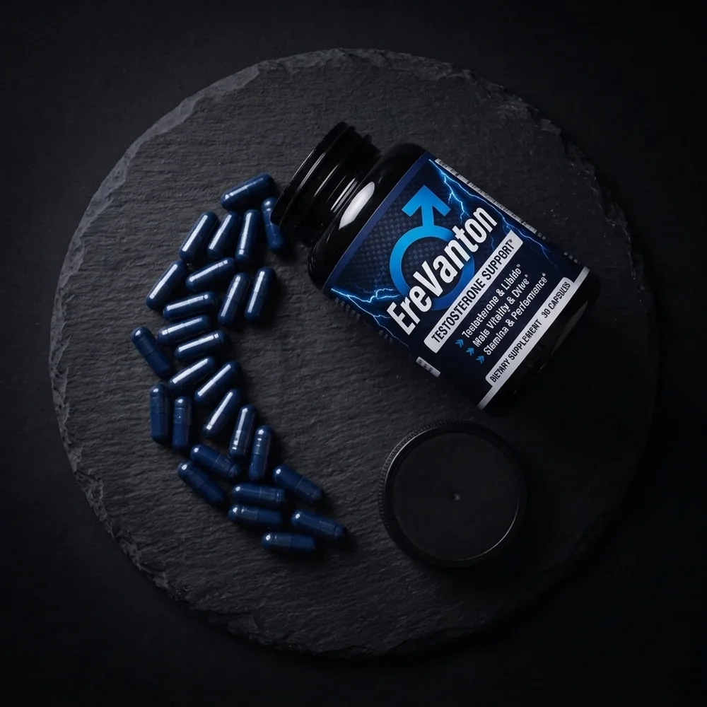 EreVanton capsules spilling from the bottle on dark slate